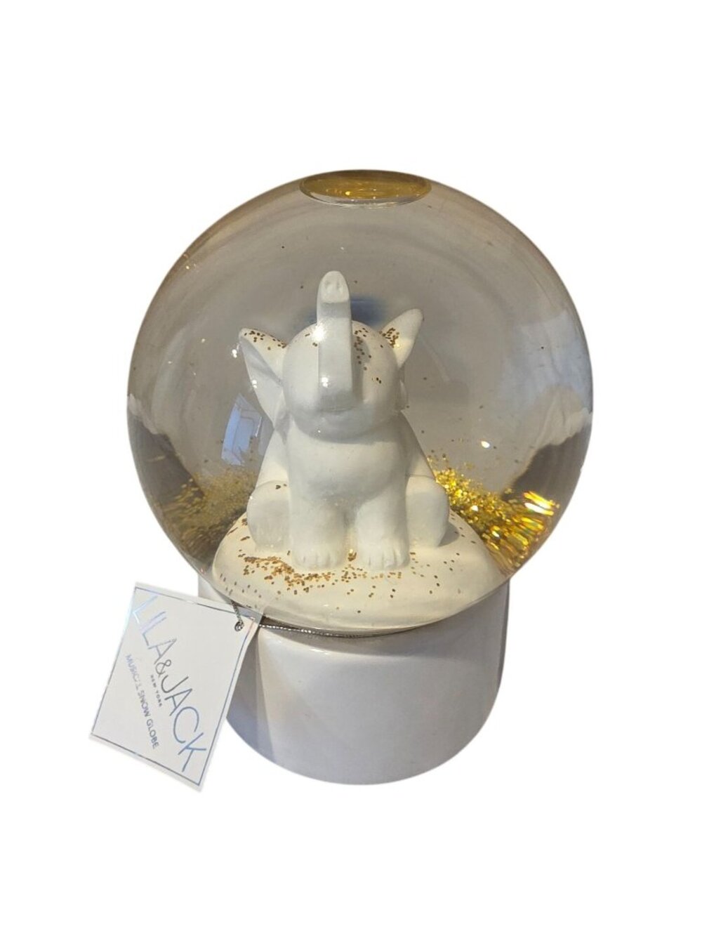 Lila & Jack White Elephant Musical Snow Globe Gold Glitter Nursery Decor NWT